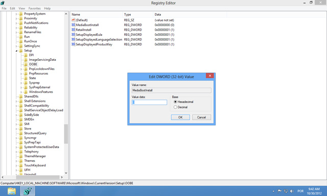 Altere o valor da chave MediaBootInstall para 0